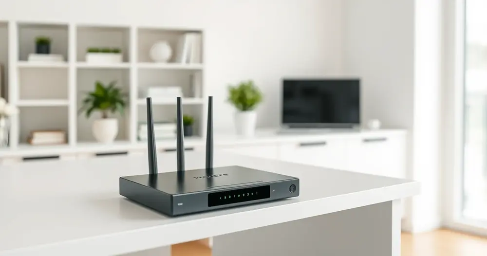 roteador wifi sobre estante ao lado de notebook e celular