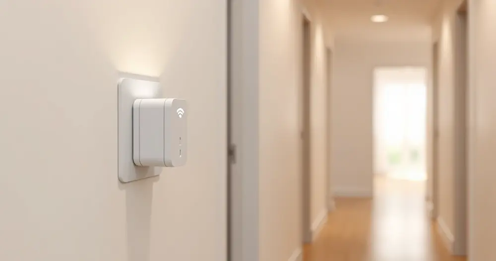repetidor de sinal wifi branco ligado na tomada de um corredor