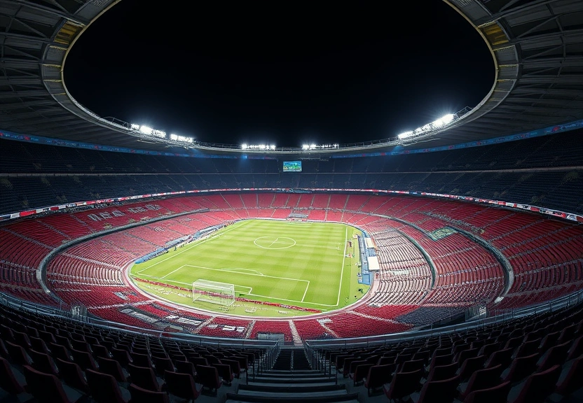 Estádio de futebol vazio à noite, com os refletores acesos