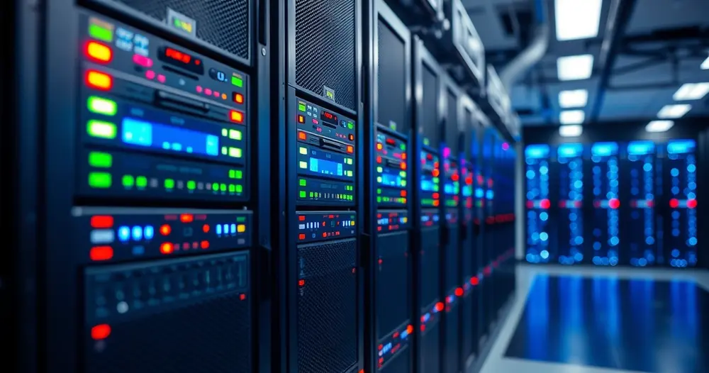 racks de servidores com luzes indicadoras em data center